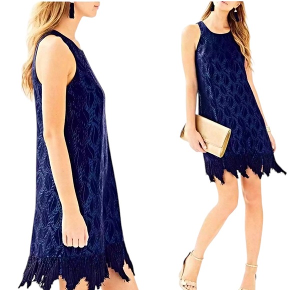Lilly Pulitzer Marquette Silk Metallic Blue Leaf Jacquard Fringe Shift Dress - S - Picture 3 of 16